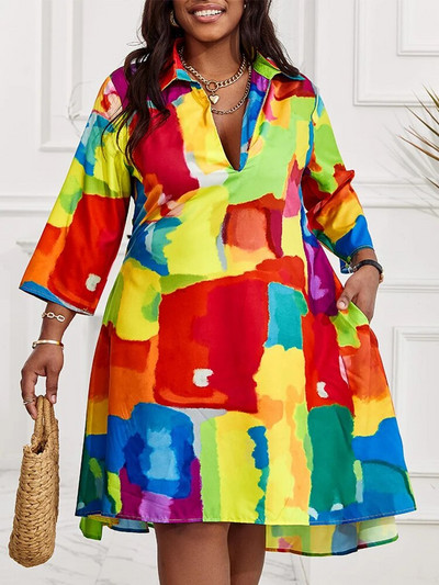 Γυναικείο φόρεμα 2023 ΝΕΟ Casual Plus Size Abstract Print Flowy Shirt Φόρεμα Vestidos De Mujer Κομψή Boho Mini Robe Γυναικεία