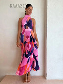 KAAAZI divatos nyomtatott háttámla nélküli, nagy szegélyű elegáns hosszú ruha alkalmi ünnepi, ujjatlan női kötőfékes maxiruha A-vonalú Vestido