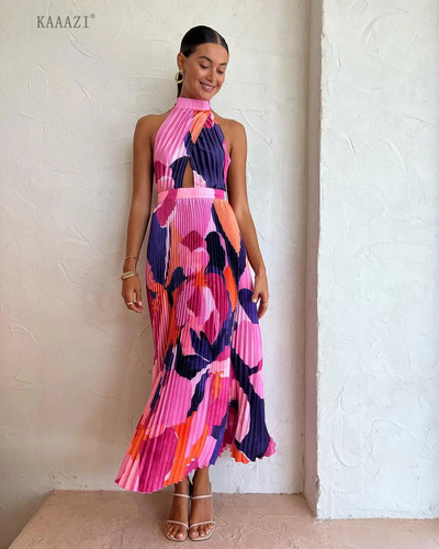 KAAAZI divatos nyomtatott háttámla nélküli, nagy szegélyű elegáns hosszú ruha alkalmi ünnepi, ujjatlan női kötőfékes maxiruha A-vonalú Vestido