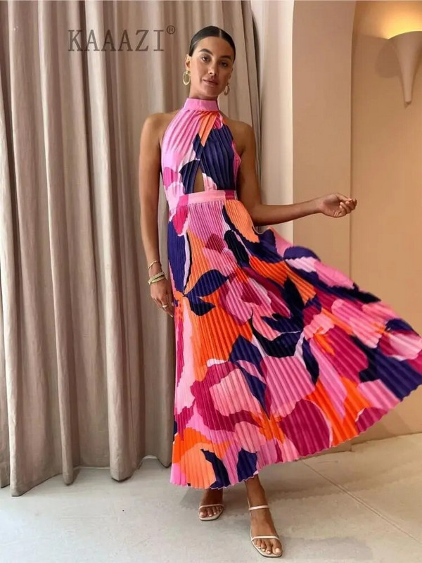 KAAAZI divatos nyomtatott háttámla nélküli, nagy szegélyű elegáns hosszú ruha alkalmi ünnepi, ujjatlan női kötőfékes maxiruha A-vonalú Vestido