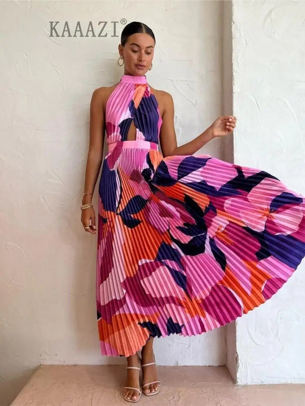 KAAAZI divatos nyomtatott háttámla nélküli, nagy szegélyű elegáns hosszú ruha alkalmi ünnepi, ujjatlan női kötőfékes maxiruha A-vonalú Vestido