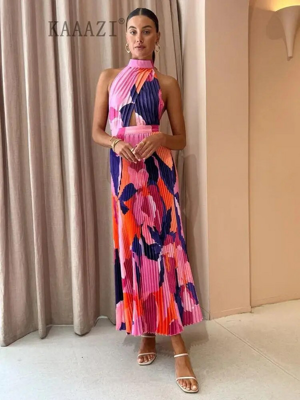 KAAAZI divatos nyomtatott háttámla nélküli, nagy szegélyű elegáns hosszú ruha alkalmi ünnepi, ujjatlan női kötőfékes maxiruha A-vonalú Vestido