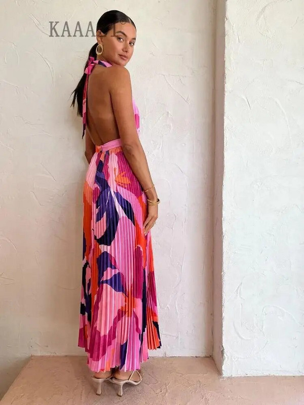 KAAAZI divatos nyomtatott háttámla nélküli, nagy szegélyű elegáns hosszú ruha alkalmi ünnepi, ujjatlan női kötőfékes maxiruha A-vonalú Vestido