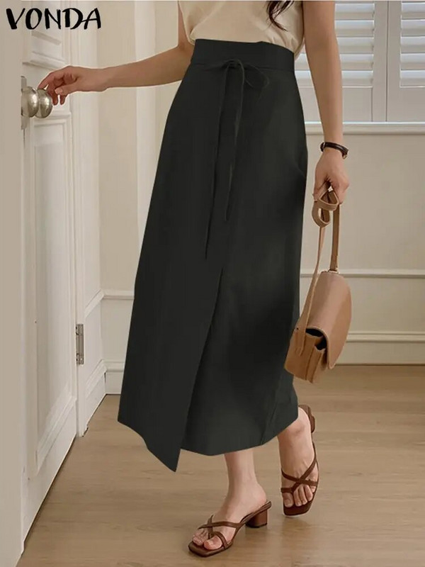 VONDA fuste midi cu talie înaltă pentru femei, bandaj de vară 2024, culoare uni, fustă lungă casual, largi, elegante, pantaloni de modă supradimensionați