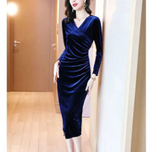 Rochii de seara Rochii de catifea femei toamna iarna cu maneca lunga rochie bodycon sexy petrecere plisata cu decolteu in v rochie vintage pentru femei