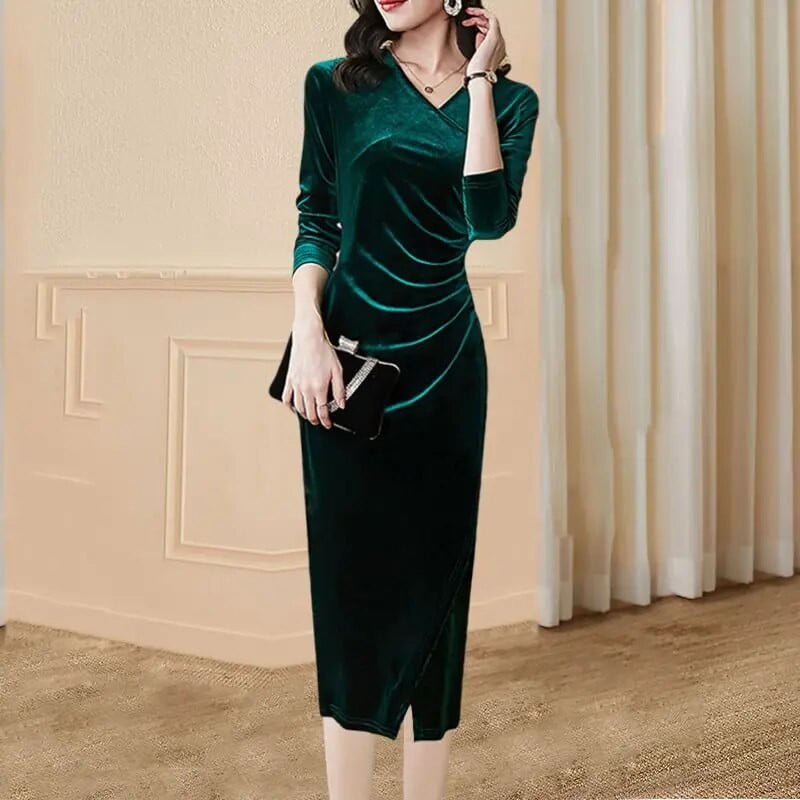 Rochii de seara Rochii de catifea femei toamna iarna cu maneca lunga rochie bodycon sexy petrecere plisata cu decolteu in v rochie vintage pentru femei