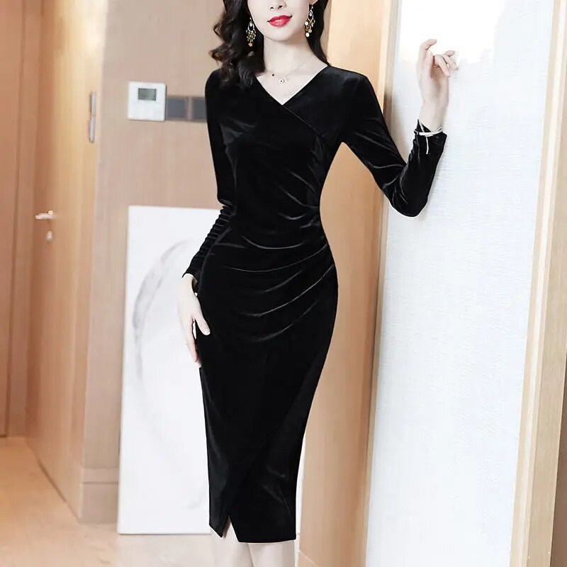 Rochii de seara Rochii de catifea femei toamna iarna cu maneca lunga rochie bodycon sexy petrecere plisata cu decolteu in v rochie vintage pentru femei