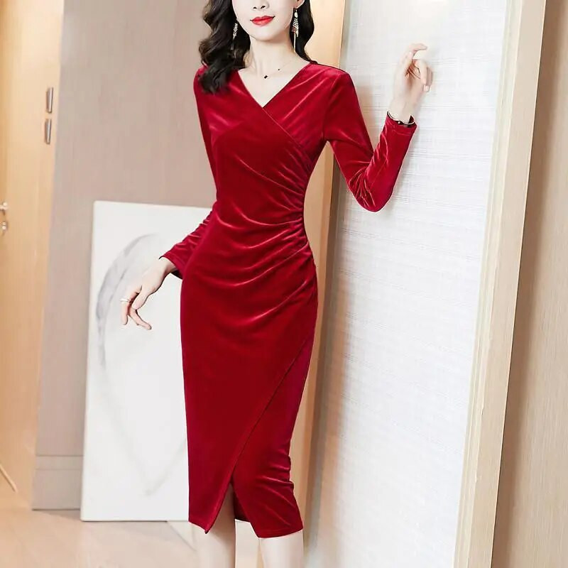 Rochii de seara Rochii de catifea femei toamna iarna cu maneca lunga rochie bodycon sexy petrecere plisata cu decolteu in v rochie vintage pentru femei