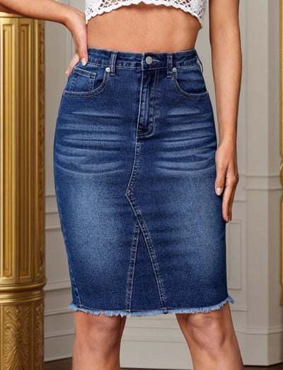 2024 nyári új női, magas derekú, hasított farmerszoknya, divatos szexi karcsú, rugalmas nyers szélű, vékony farmer csípőfedő szoknya S-2XL