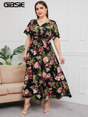 GIBSIE Plus Size V λαιμόκοψη με floral print Boho Γυναικείο φόρεμα μάξι καλοκαιρινά κοντομάνικα Φορέματα διακοπών Γυναικείο φόρεμα με ζώνη Α σε γραμμή
