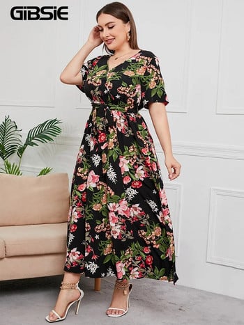 GIBSIE Plus Size V λαιμόκοψη με floral print Boho Γυναικείο φόρεμα μάξι καλοκαιρινά κοντομάνικα Φορέματα διακοπών Γυναικείο φόρεμα με ζώνη Α σε γραμμή