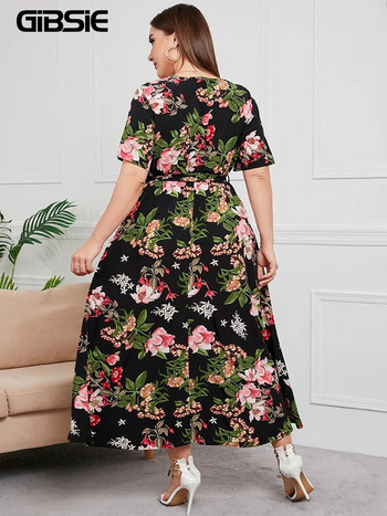 GIBSIE Plus Size V λαιμόκοψη με floral print Boho Γυναικείο φόρεμα μάξι καλοκαιρινά κοντομάνικα Φορέματα διακοπών Γυναικείο φόρεμα με ζώνη Α σε γραμμή