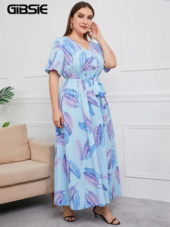 GIBSIE Plus Size V λαιμόκοψη με floral print Boho Γυναικείο φόρεμα μάξι καλοκαιρινά κοντομάνικα Φορέματα διακοπών Γυναικείο φόρεμα με ζώνη Α σε γραμμή