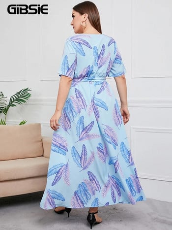 GIBSIE Plus Size V λαιμόκοψη με floral print Boho Γυναικείο φόρεμα μάξι καλοκαιρινά κοντομάνικα Φορέματα διακοπών Γυναικείο φόρεμα με ζώνη Α σε γραμμή