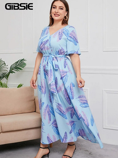 GIBSIE Plus Size V λαιμόκοψη με floral print Boho Γυναικείο φόρεμα μάξι καλοκαιρινά κοντομάνικα Φορέματα διακοπών Γυναικείο φόρεμα με ζώνη Α σε γραμμή