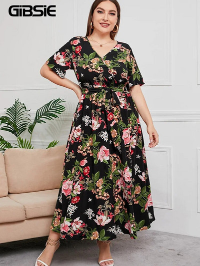 GIBSIE Plus Size V λαιμόκοψη με floral print Boho Γυναικείο φόρεμα μάξι καλοκαιρινά κοντομάνικα Φορέματα διακοπών Γυναικείο φόρεμα με ζώνη Α σε γραμμή