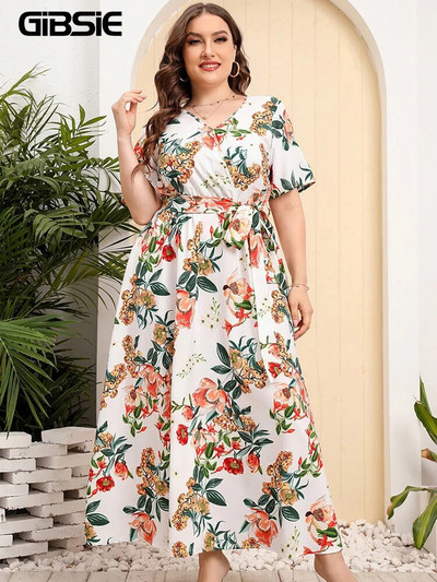 GIBSIE Plus Size V λαιμόκοψη με floral print Boho Γυναικείο φόρεμα μάξι καλοκαιρινά κοντομάνικα Φορέματα διακοπών Γυναικείο φόρεμα με ζώνη Α σε γραμμή