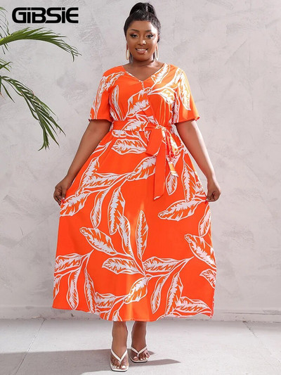 GIBSIE Plus Size V λαιμόκοψη με floral print Boho Γυναικείο φόρεμα μάξι καλοκαιρινά κοντομάνικα Φορέματα διακοπών Γυναικείο φόρεμα με ζώνη Α σε γραμμή