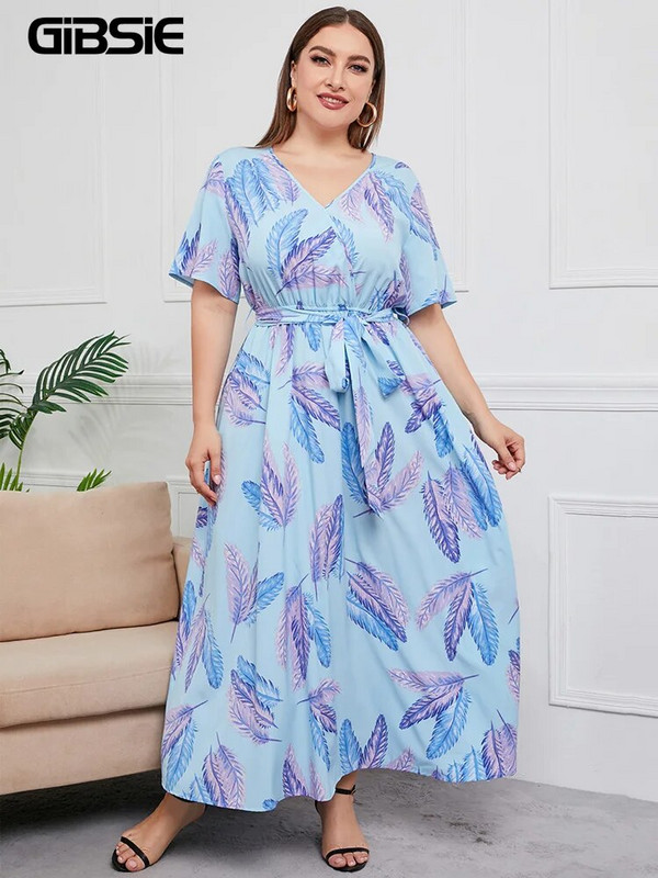 GIBSIE Plus Size V λαιμόκοψη με floral print Boho Γυναικείο φόρεμα μάξι καλοκαιρινά κοντομάνικα Φορέματα διακοπών Γυναικείο φόρεμα με ζώνη Α σε γραμμή