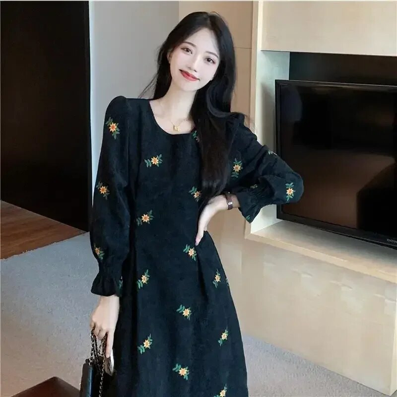 Rochie cu mânecă lungă pentru femei, toamnă iarnă, cu gâtul în formă de floare, rochii din velur pentru fete, dulce puf, haine de petrecere elegante, cadouri de aniversare