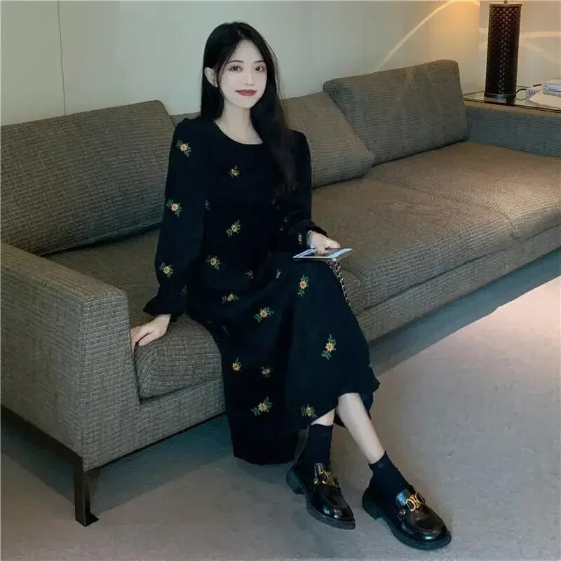 Rochie cu mânecă lungă pentru femei, toamnă iarnă, cu gâtul în formă de floare, rochii din velur pentru fete, dulce puf, haine de petrecere elegante, cadouri de aniversare