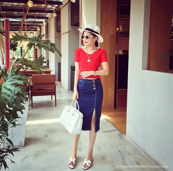 Denim seelik Moodne naiste seelik 2024 Midi teksapüksid seelik kõrge vöökohaga pliiats seelik Stretch Korea suvine Jupe Jean Femme Faldas XS