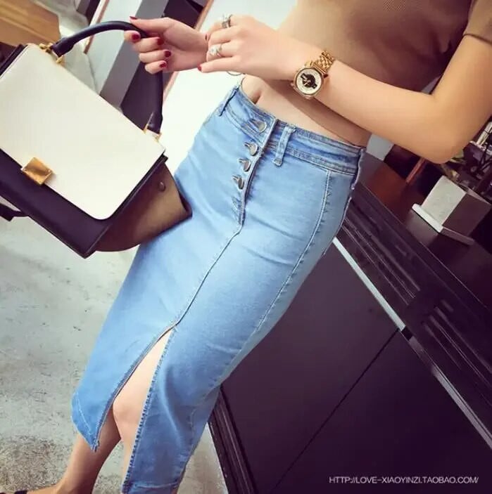 Denim seelik Moodne naiste seelik 2024 Midi teksapüksid seelik kõrge vöökohaga pliiats seelik Stretch Korea suvine Jupe Jean Femme Faldas XS