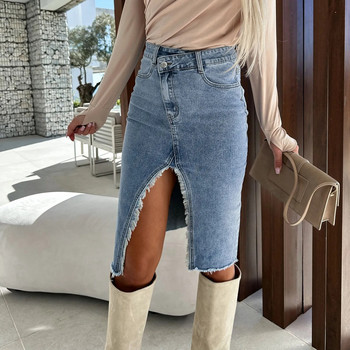 Άνοιξη Καλοκαίρι 2023 Νέα γυναικεία φούστα Split Fashion Bodycon Pencil τζιν φούστες Ψηλόμεση φούστα με κουμπιά κρόσσια Casual Jean φούστα