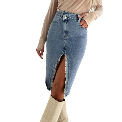 2023 m. pavasario vasara Naujas moteriškas sijonas, perskirtas, madingas Bodycon pieštukas, džinsinis sijonas aukštu juosmeniu su sagomis su kutais laisvalaikio džinsinis sijonas