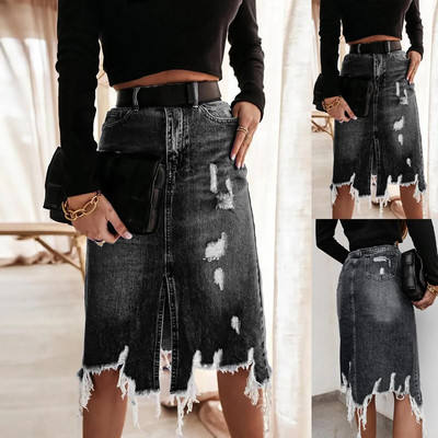 Ležerna traper suknja do koljena, ženske nove 2024., poderane prosjačke midi suknje s prorezom i visokim strukom, isprana, nepravilna istrošena suknja