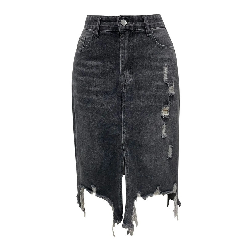 Ležerna traper suknja do koljena, ženske nove 2024., poderane prosjačke midi suknje s prorezom i visokim strukom, isprana, nepravilna istrošena suknja