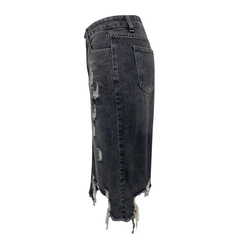 Ležerna traper suknja do koljena, ženske nove 2024., poderane prosjačke midi suknje s prorezom i visokim strukom, isprana, nepravilna istrošena suknja