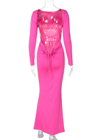 Mozision Елегантна макси рокля без гръб Дамска есен-зима 2023 г. Нова клубна парти секси дълга рокля с дълги ръкави и връзки