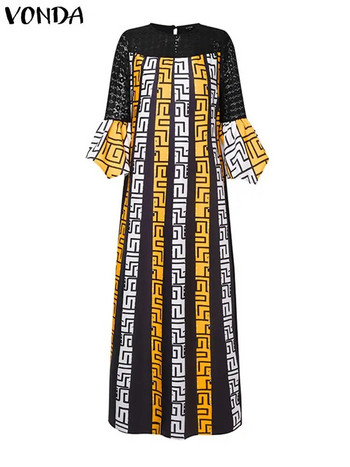 Γυναικείο μάξι φόρεμα VONDA 2024 Καλοκαιρινό δαντελένιο μακρύ sundress Bohemian printed flare μανίκι ρετρό casual φαρδιά ρόμπα