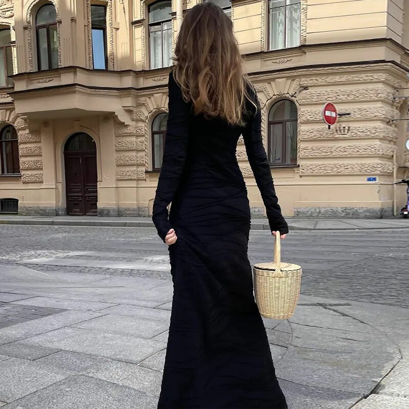 Rochie Maxi cu Volane Clinkly Volane Tinute Pentru Femei Toamna Iarna Decolteu Rotund Maneca Lunga Rochii Elegante Robe Robe