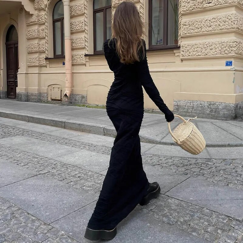 Rochie Maxi cu Volane Clinkly Volane Tinute Pentru Femei Toamna Iarna Decolteu Rotund Maneca Lunga Rochii Elegante Robe Robe