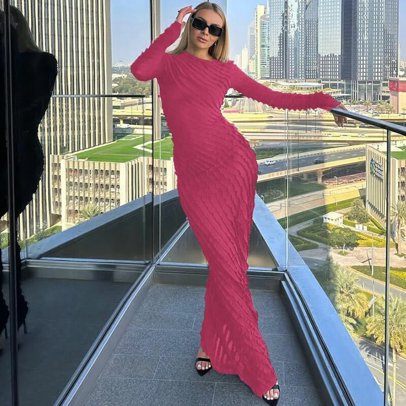 Rochie Maxi cu Volane Clinkly Volane Tinute Pentru Femei Toamna Iarna Decolteu Rotund Maneca Lunga Rochii Elegante Robe Robe