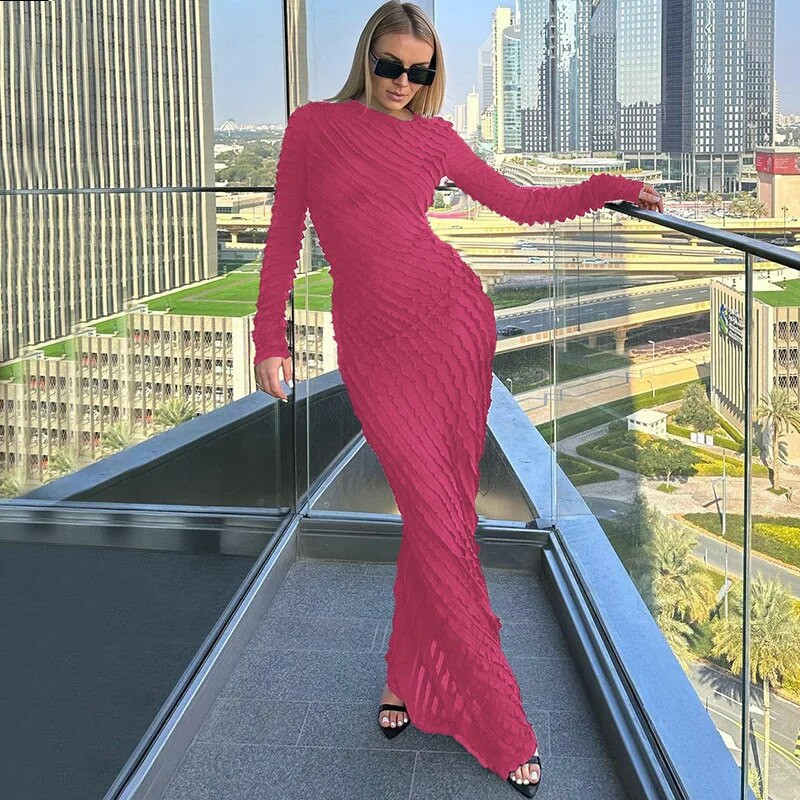 Rochie Maxi cu Volane Clinkly Volane Tinute Pentru Femei Toamna Iarna Decolteu Rotund Maneca Lunga Rochii Elegante Robe Robe