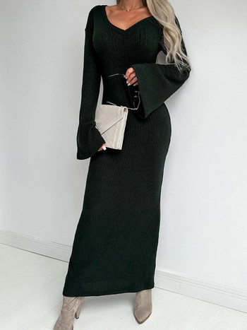 Πλεκτά Μακριά Φορέματα Γυναικεία Φθινόπωρο Χειμερινό μανίκι με λαιμόκοψη Γυναικείο κομψό μονόχρωμο φόρεμα με μονόχρωμη λεπτή εφαρμογή
