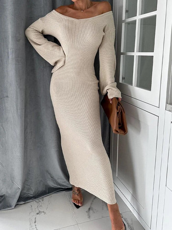 Πλεκτά Μακριά Φορέματα Γυναικεία Φθινόπωρο Χειμερινό μανίκι με λαιμόκοψη Γυναικείο κομψό μονόχρωμο φόρεμα με μονόχρωμη λεπτή εφαρμογή