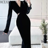 OCEANLOVE Baršunaste jesensko zimske haljine za žene Jednobojne vintage seksi Vestidos Mujer Korejska modna duga haljina