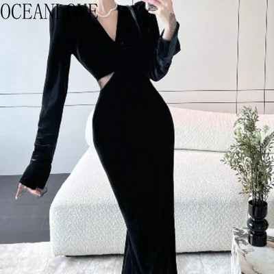 OCEANLOVE Кадифени есенно-зимни рокли за жени, плътни ретро секси Vestidos Mujer Корейска модна дълга рокля