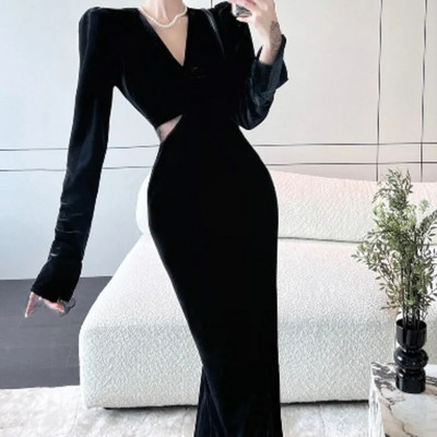 OCEANLOVE Baršunaste jesensko zimske haljine za žene Jednobojne vintage seksi Vestidos Mujer Korejska modna duga haljina