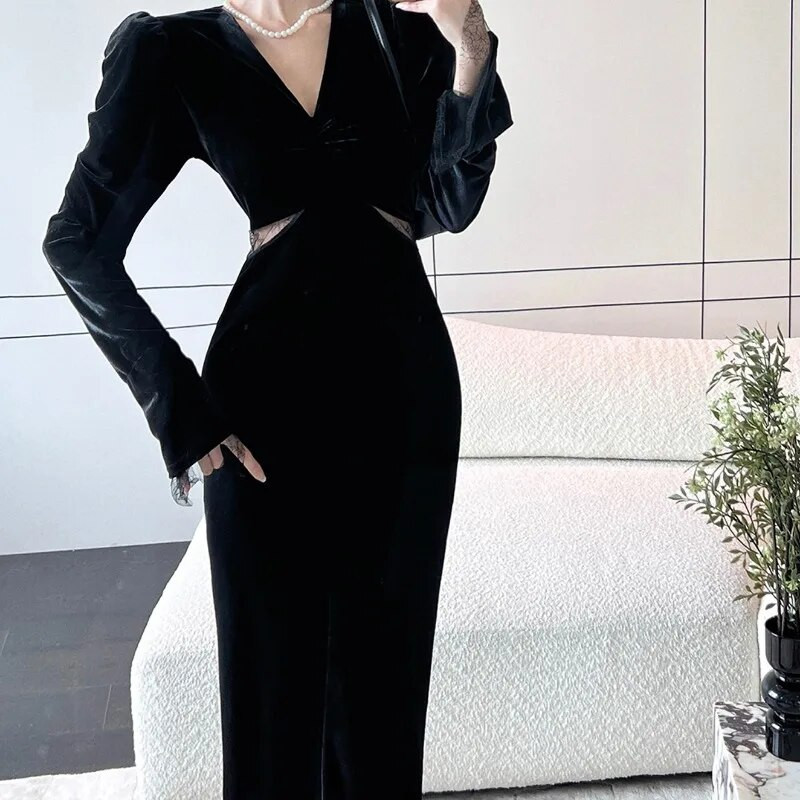 OCEANLOVE Baršunaste jesensko zimske haljine za žene Jednobojne vintage seksi Vestidos Mujer Korejska modna duga haljina