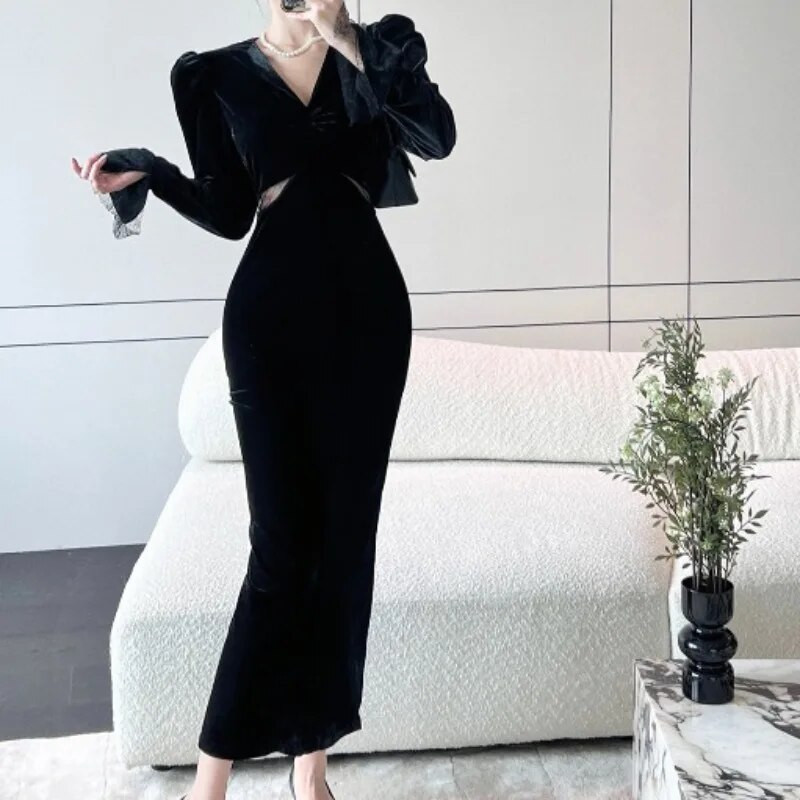 OCEANLOVE Baršunaste jesensko zimske haljine za žene Jednobojne vintage seksi Vestidos Mujer Korejska modna duga haljina