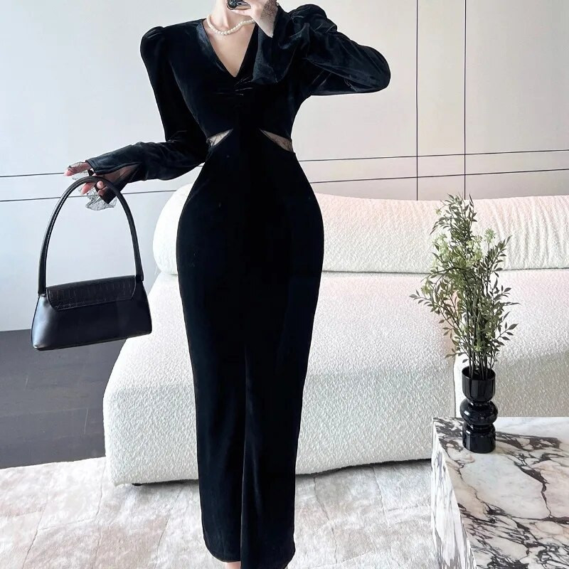 OCEANLOVE Baršunaste jesensko zimske haljine za žene Jednobojne vintage seksi Vestidos Mujer Korejska modna duga haljina