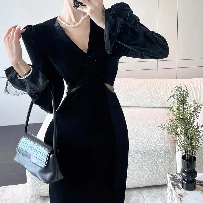 OCEANLOVE Baršunaste jesensko zimske haljine za žene Jednobojne vintage seksi Vestidos Mujer Korejska modna duga haljina