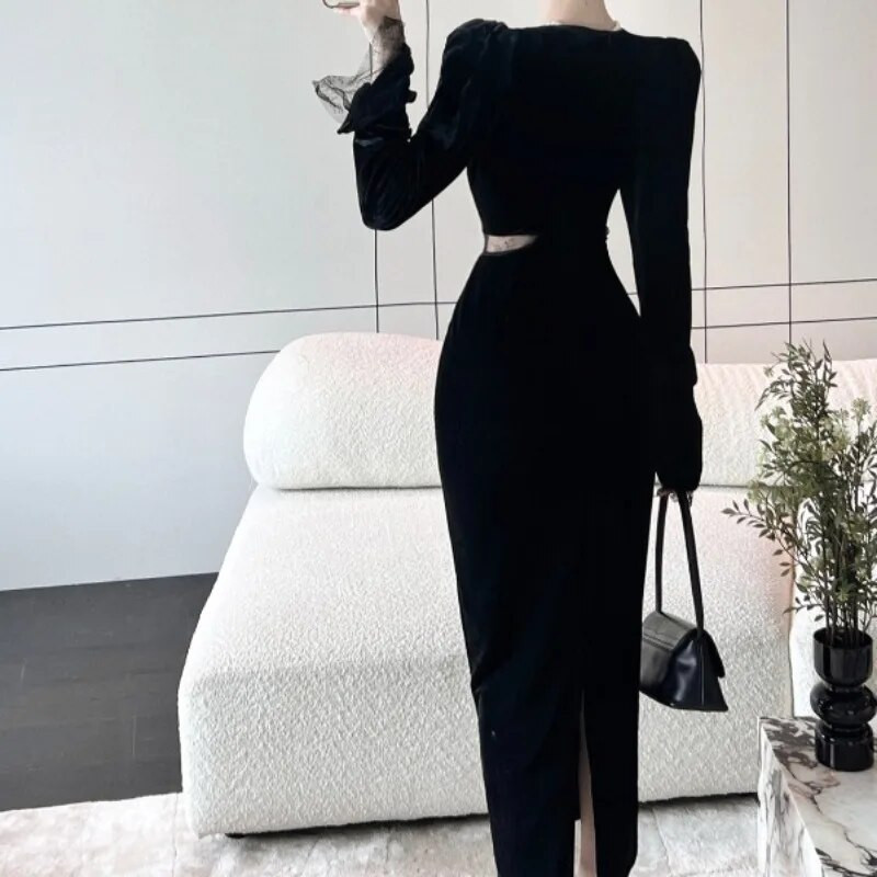 OCEANLOVE Baršunaste jesensko zimske haljine za žene Jednobojne vintage seksi Vestidos Mujer Korejska modna duga haljina