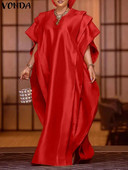 Plus veličina 5XL VONDA Ljetna maksi haljina Ženska elegantna satenska sarafana kratkih rukava s naborima 2023. Ležerna široka jednobojna haljina