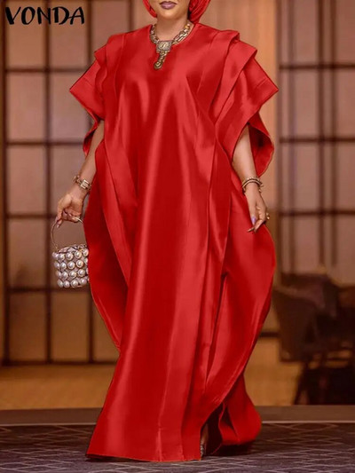Plus veličina 5XL VONDA Ljetna maksi haljina Ženska elegantna satenska sarafana kratkih rukava s naborima 2023. Ležerna široka jednobojna haljina